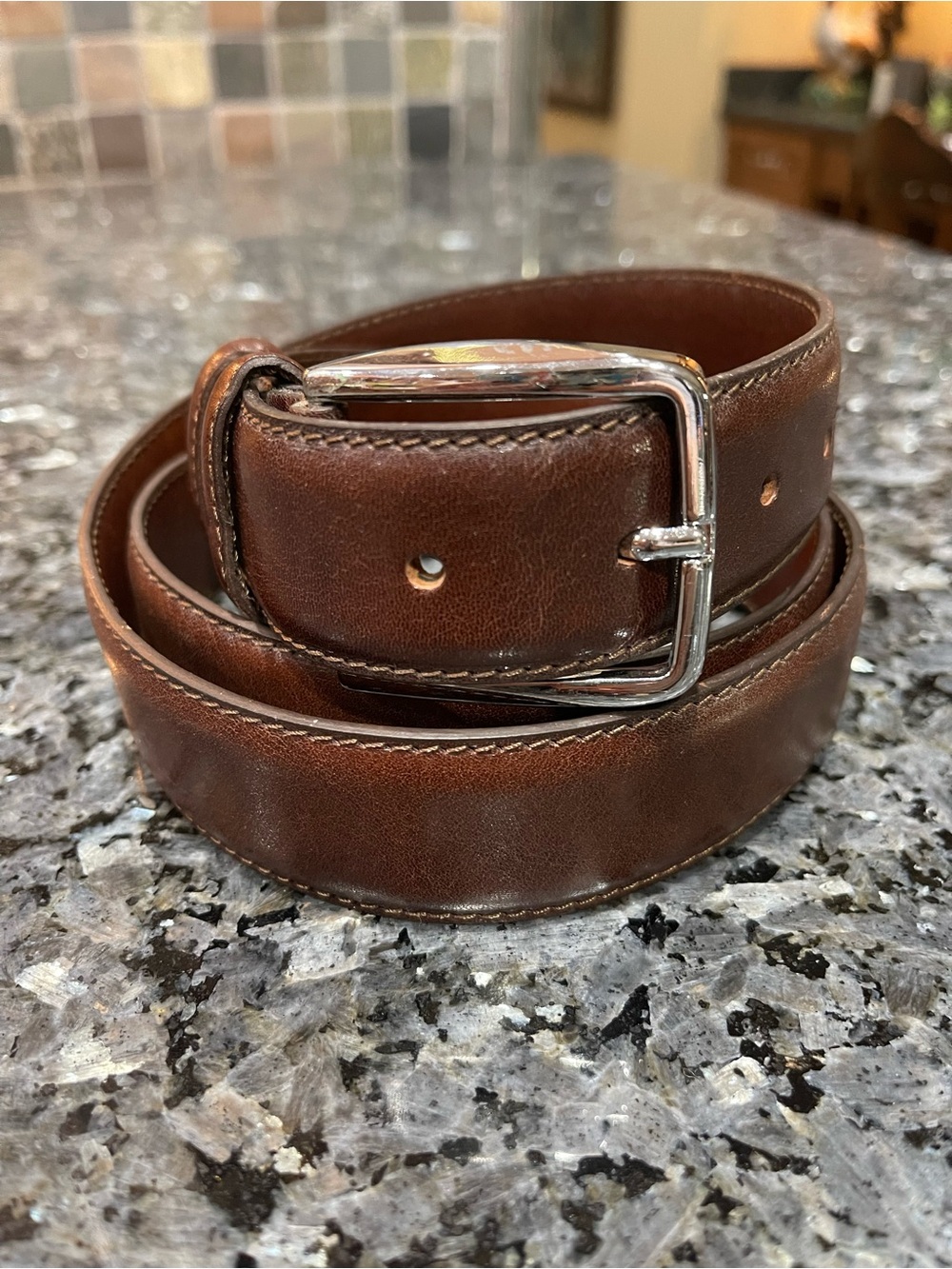 Men's Handmade Italian Brown Leather Belt with Polished Silver Buckle 46